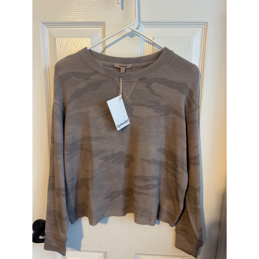 NWT Splendid Camel Camo Crewneck Sweatshirt XS Soft Lightweight Pullover